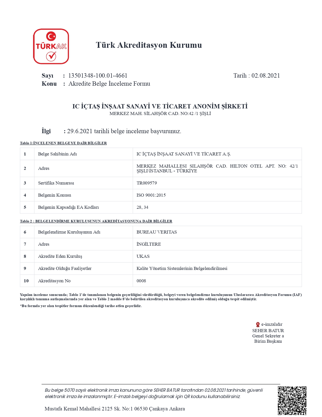 IC İçtaş İnşaat | TÜRKAK ISO 9001 Onay Belgesi